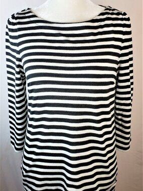 Ann Taylor Loft Womens Top Medium Black White Striped 3/4 Sleeves Zipper Back